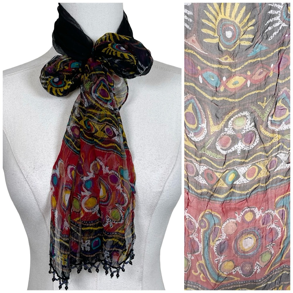 Vintage Silk Scarf Multicolor Abstract Tribal Print Beaded Trim Sheer Boho